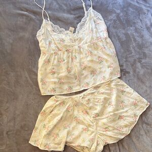 Aerie Floral Lace Trim Pajama Set - Cream and Pink